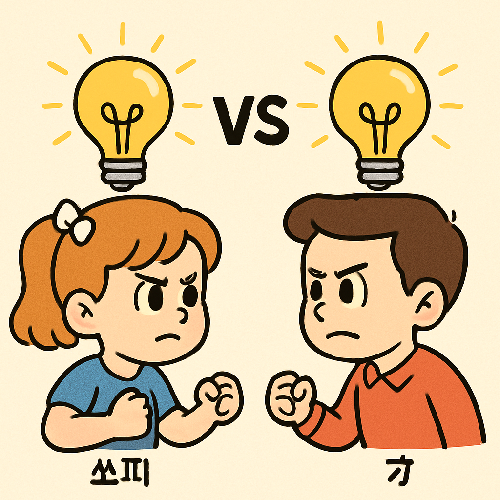 '쏘피'가 다른 사람과 머리 위에 전구를 띄우고 사상 대결을 펼친다.