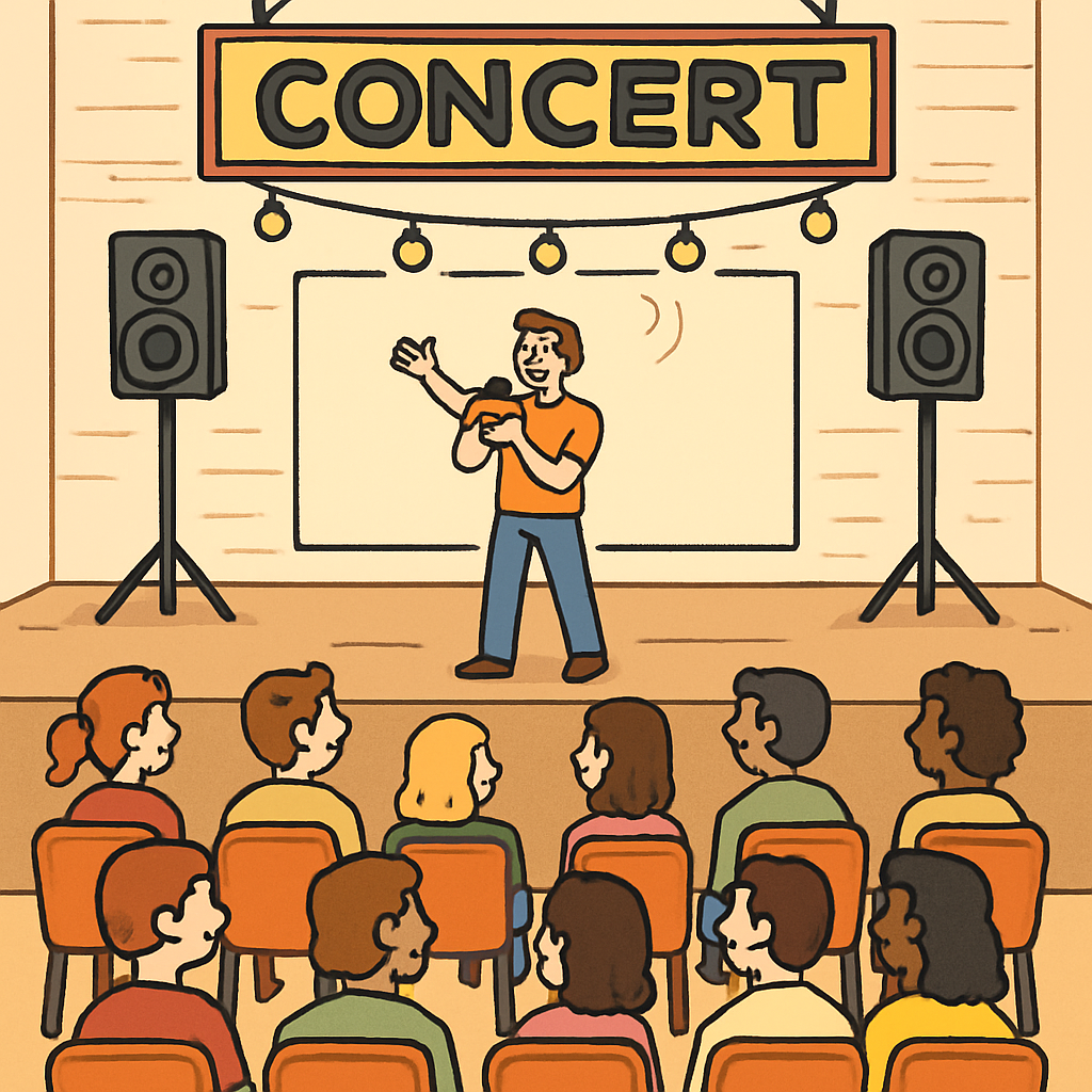 콘서트장에 사람들이 각자 의자(싯)에 앉아서 무대를 구성하고 있다.