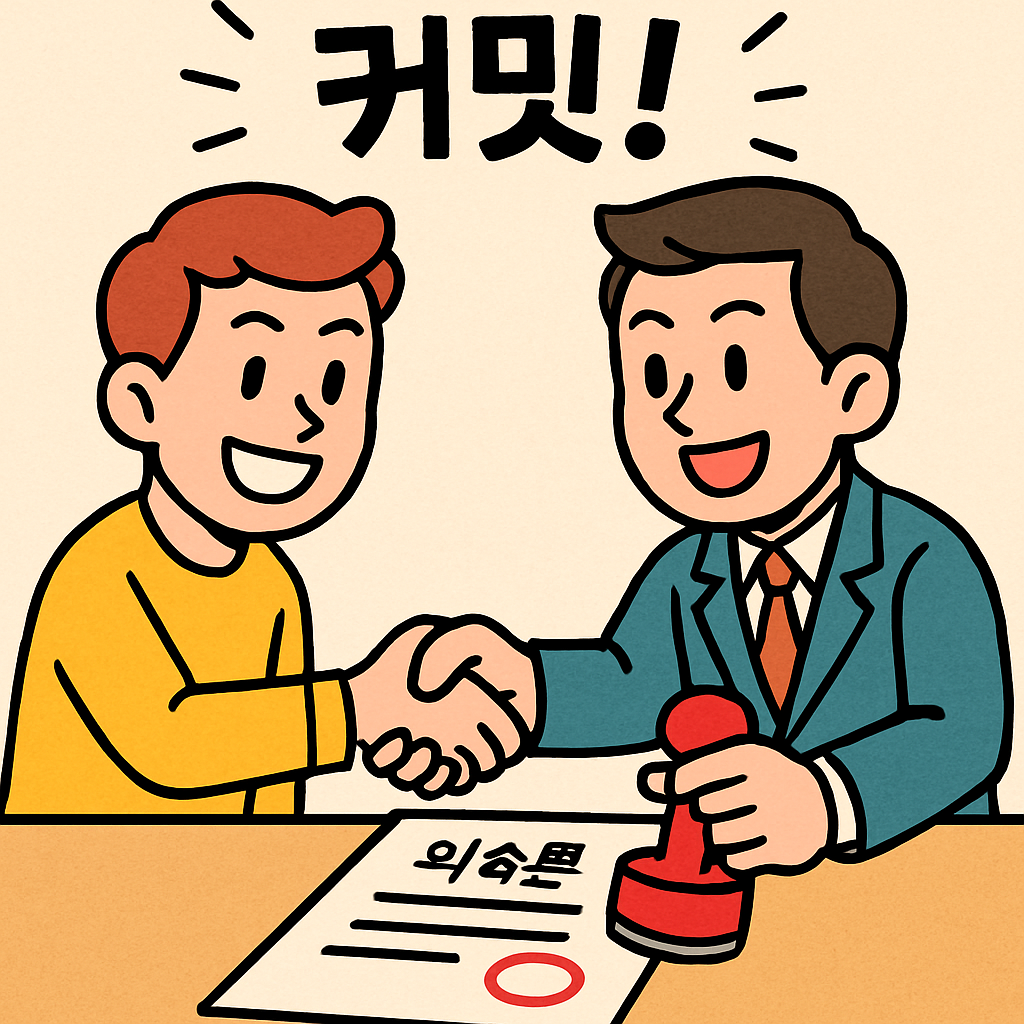 두 사람이 '커밋!' 하며 굳게 악수하고 약속문에 도장 찍는다.