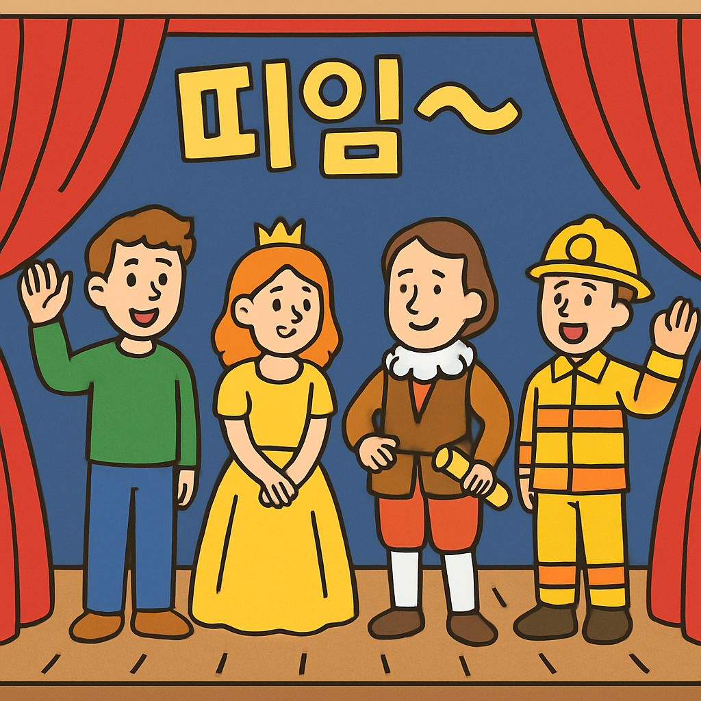 무대 커튼이 '띠임~' 소리와 함께 열리며, 배우들이 각자 다른 옷을 입고 등장한다.