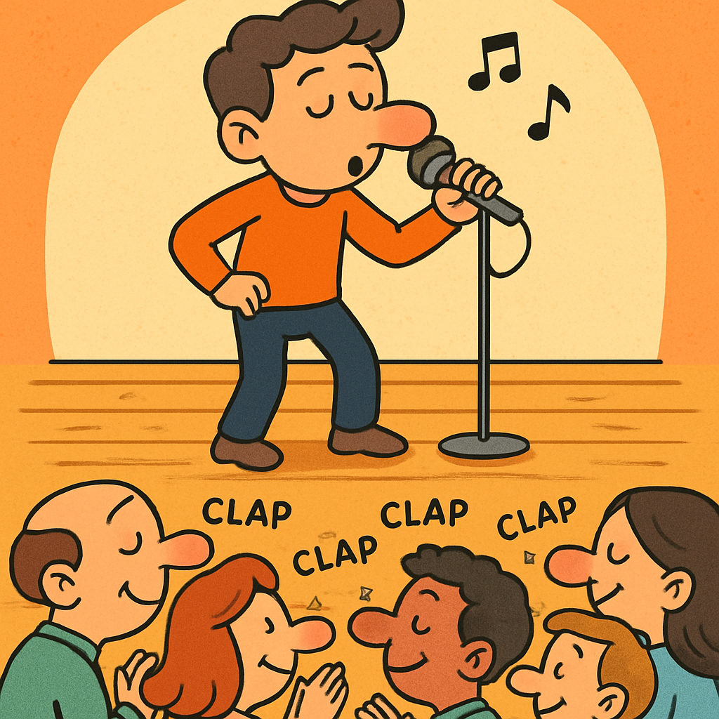 한 사람이 무대에서 코로 마이크를 잡고 노래를 부르며, 관객들이 모두 코로 박수를 치고 있다.