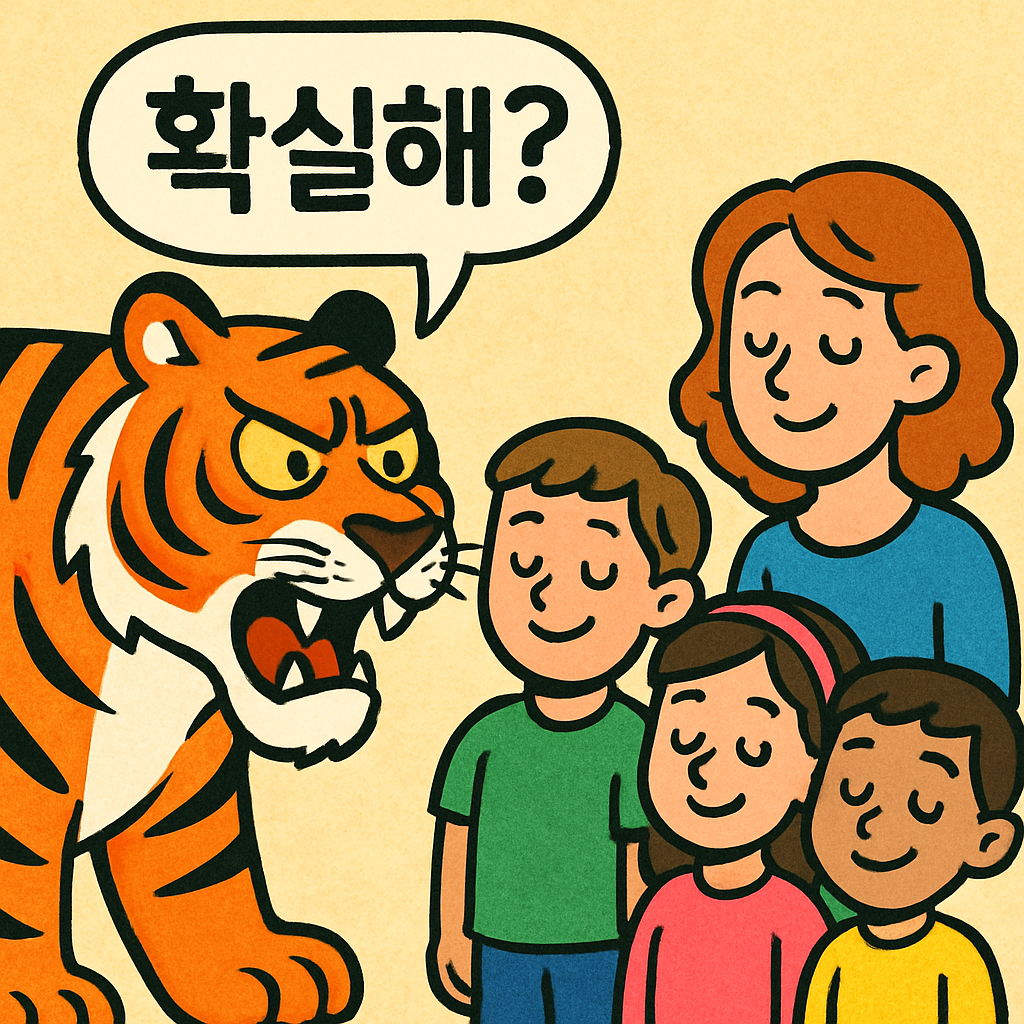 커다란 호랑이가 '확실해?'라고 으르렁거리자 모두가 고개를 끄덕인다.