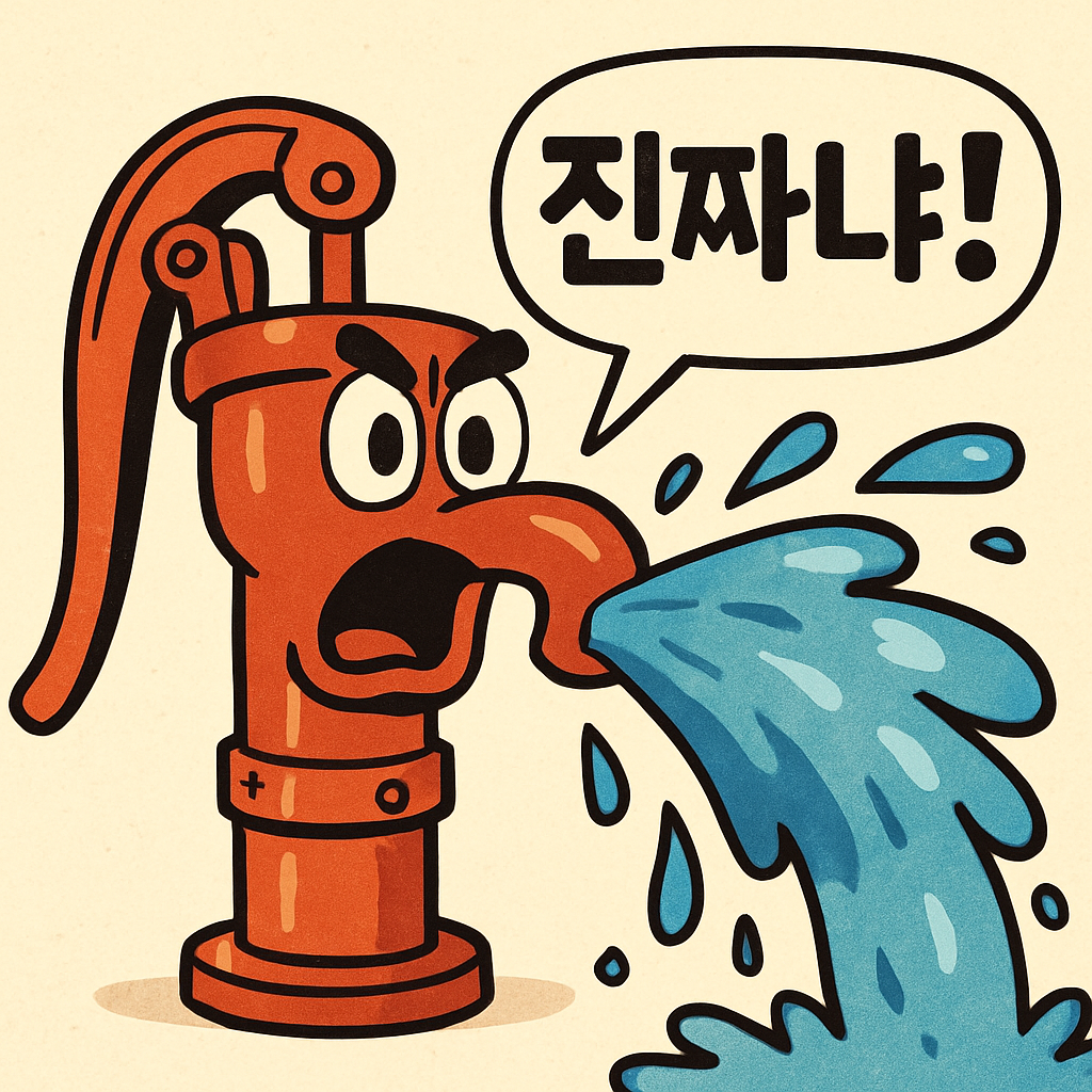 거대한 펌프가 물을 뿜으며 '진짜냐?'고 외치는 장면.