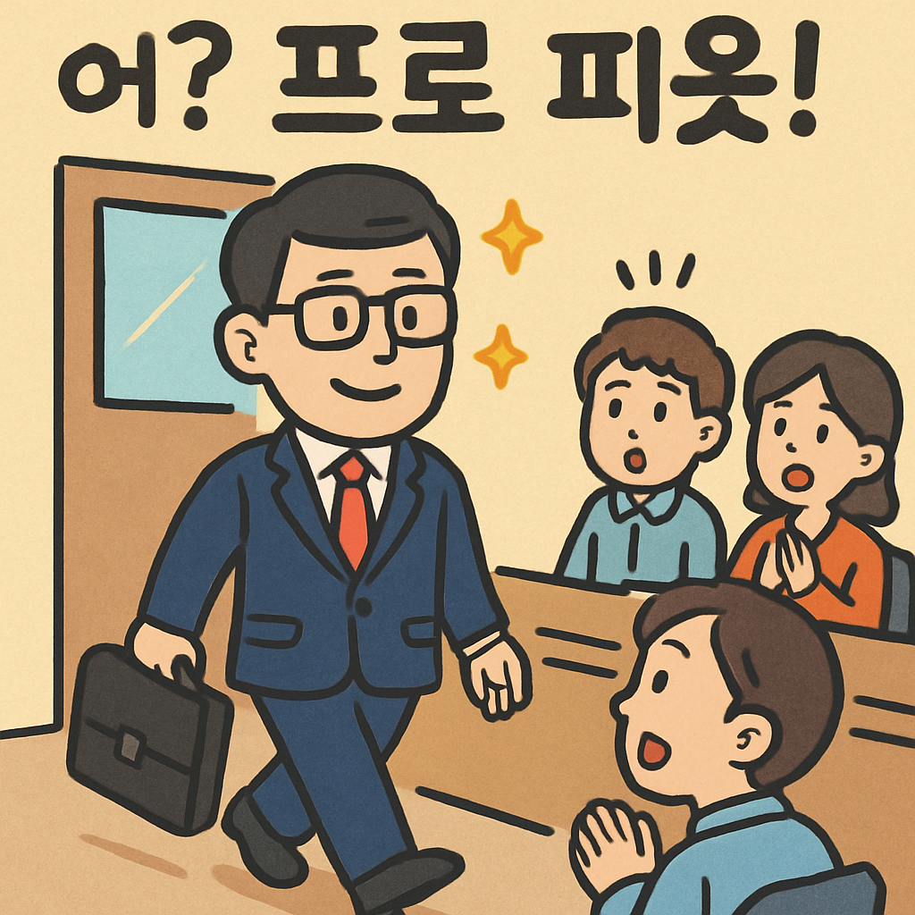 면접장에 프로처럼 옷을 차려입고 등장한 사람이 있다. 모두가 '어? 프로 피옷!' 하며 감탄한다.