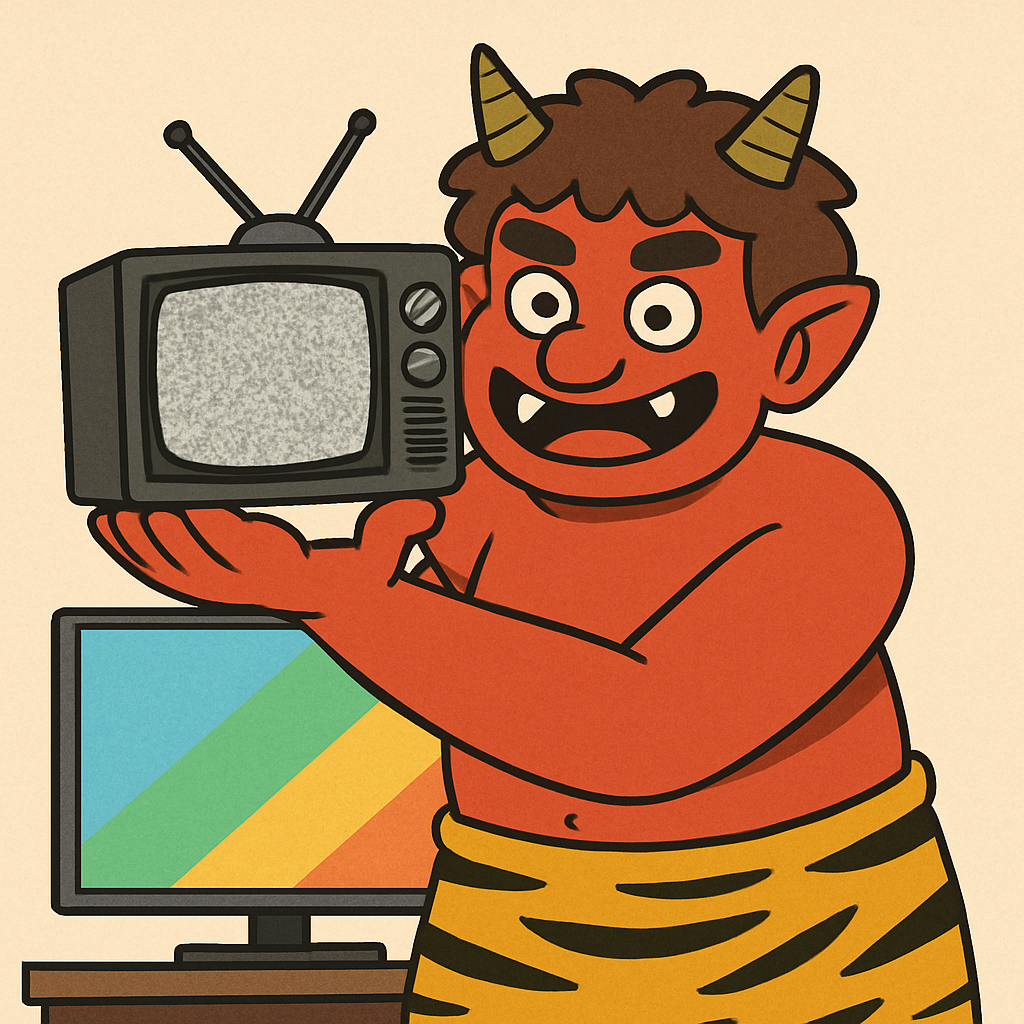 거대한 오니(일본 도깨비)가 최신 TV 앞에서 흑백 TV를 들고 자랑한다.