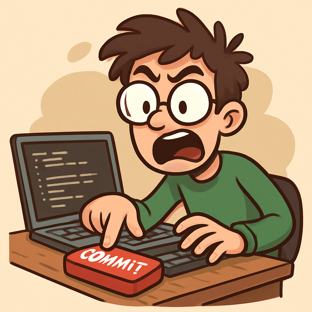 프로그래머가 '커밋' 버튼을 누르며 뭔가 큰일을 저지르는 듯한 표정이다.