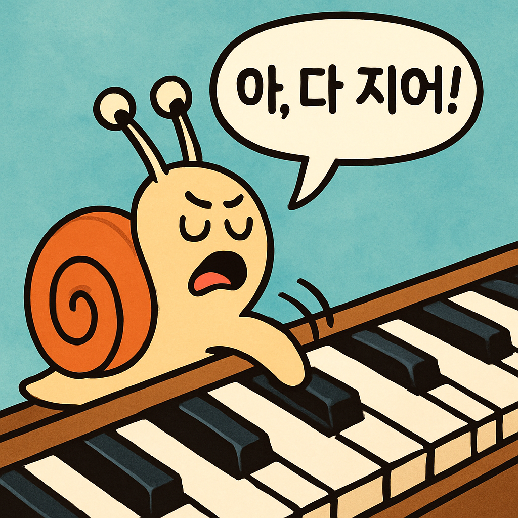 달팽이가 피아노 위에서 '아, 다 지어!' 하며 천천히 건반을 누른다.