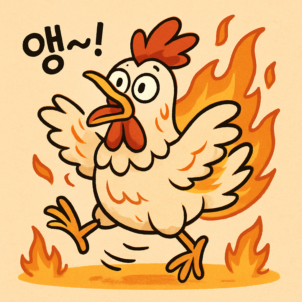닭이 '앵~!' 소리를 내며 불타는 듯이 펄쩍펄쩍 뛰고 있다.