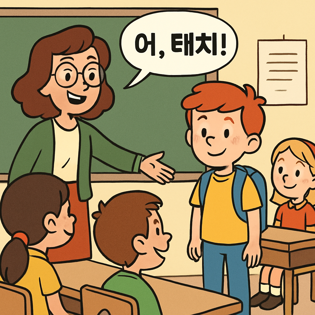 선생님이 전학생을 반에 '어, 태치!' 하며 데려다 놓는다.