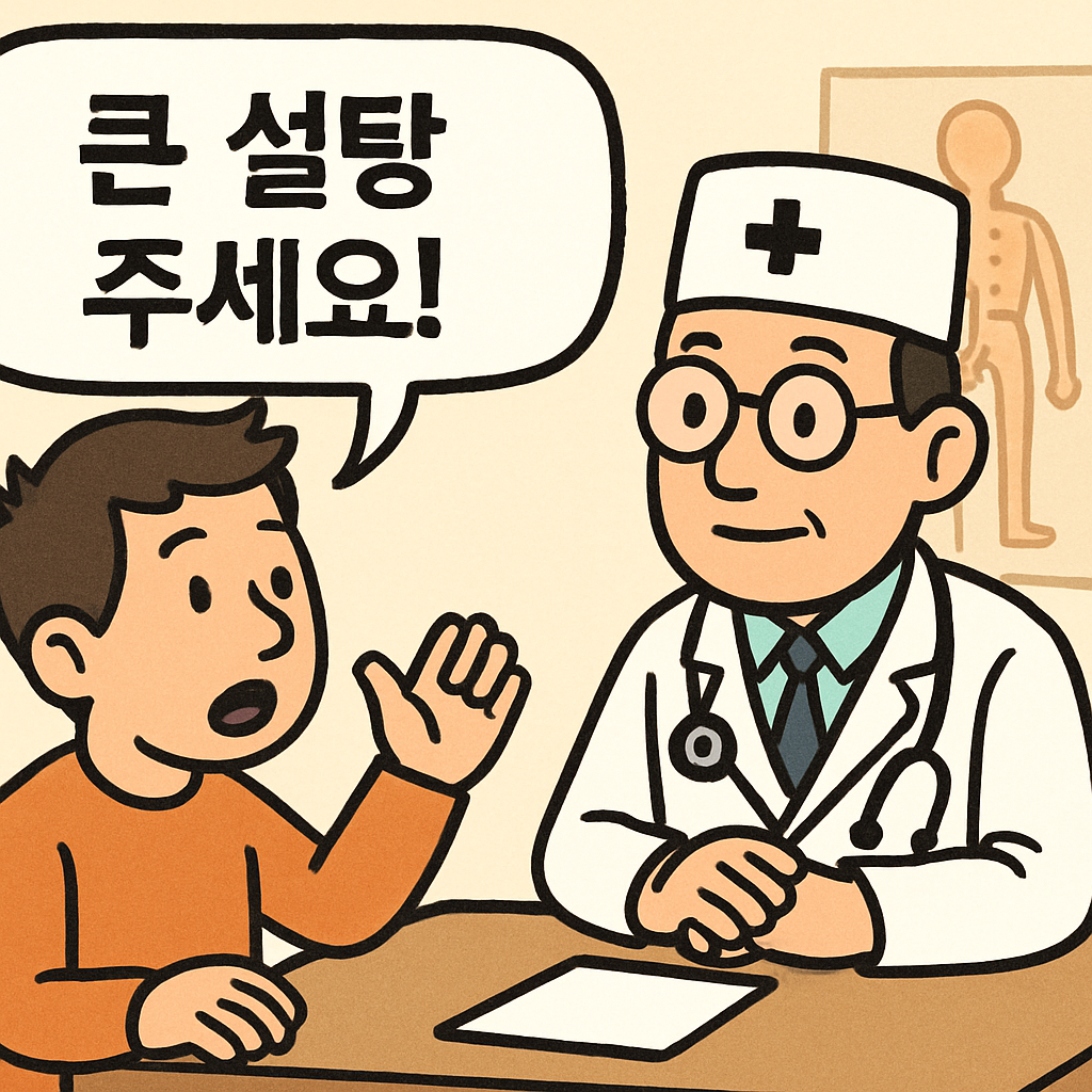 환자가 의사에게 '큰 설탕 주세요!'라고 진지하게 상담하는 장면.