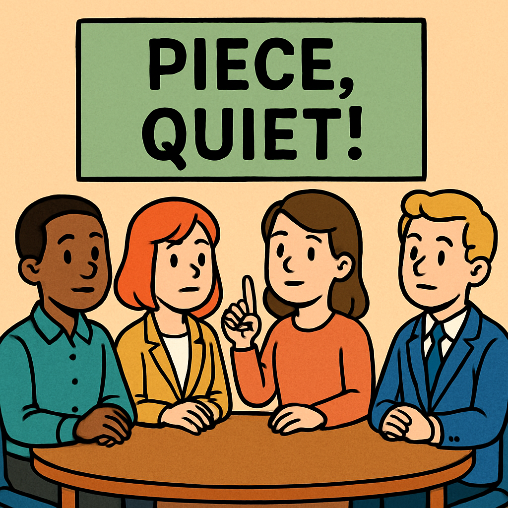 회의 중 모두가 '피스 입을!' 구호에 맞춰 조용히 입을 다문다.