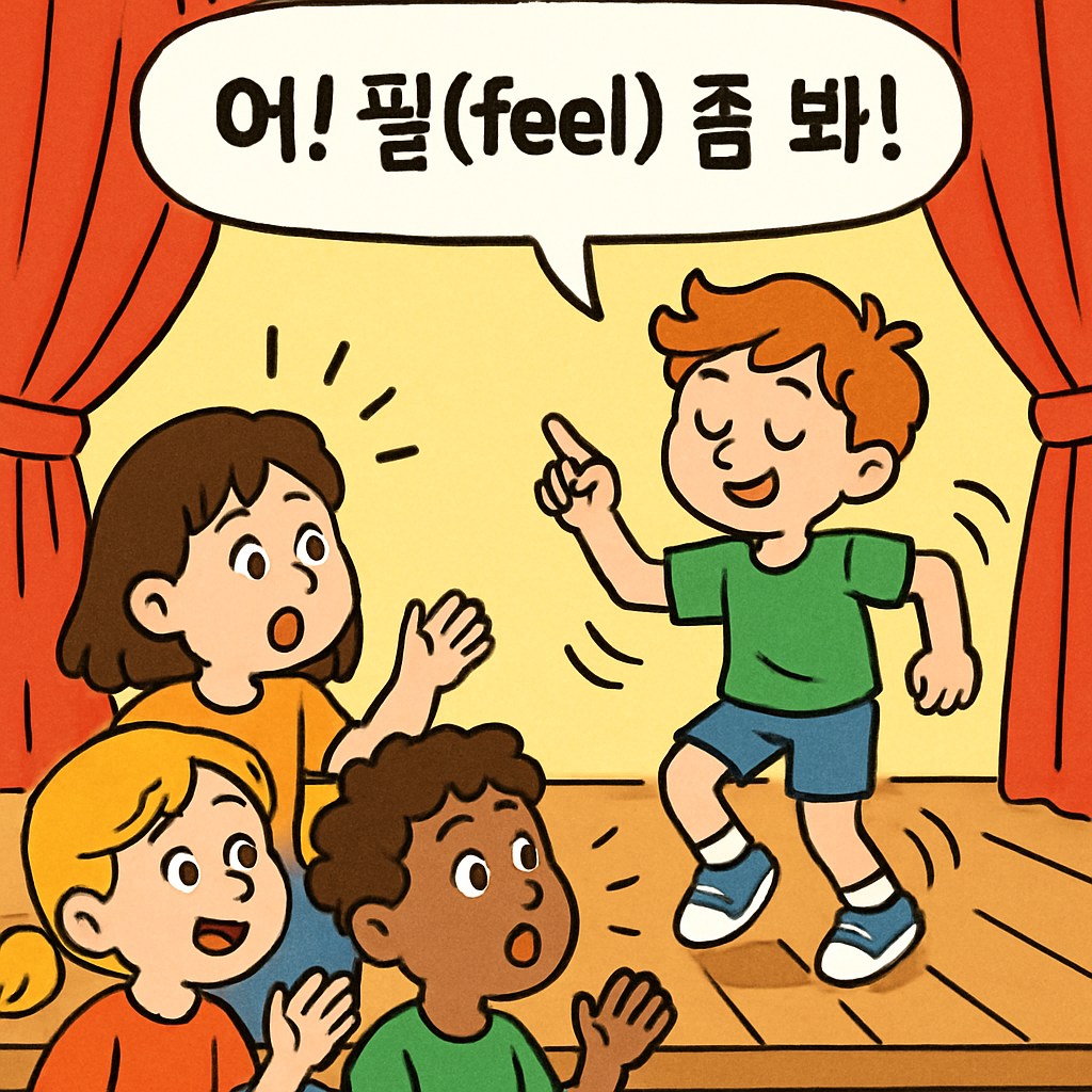 사람들이 무대 위에서 '어! 필(feel) 좀 봐!' 하며 감탄하는 장면.