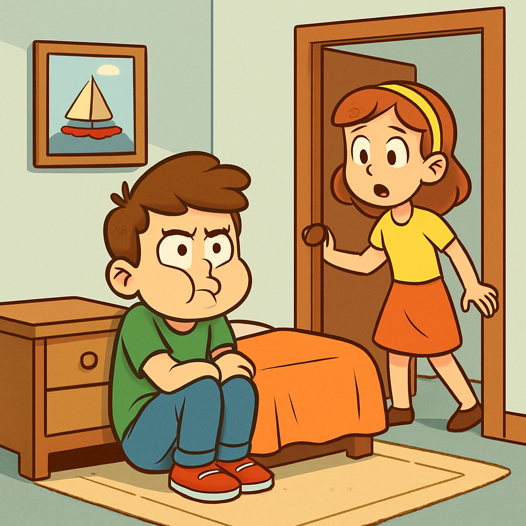 누군가 갑자기 방에 들어오자, 친구가 숨을 참고 가만히 있는 장면.