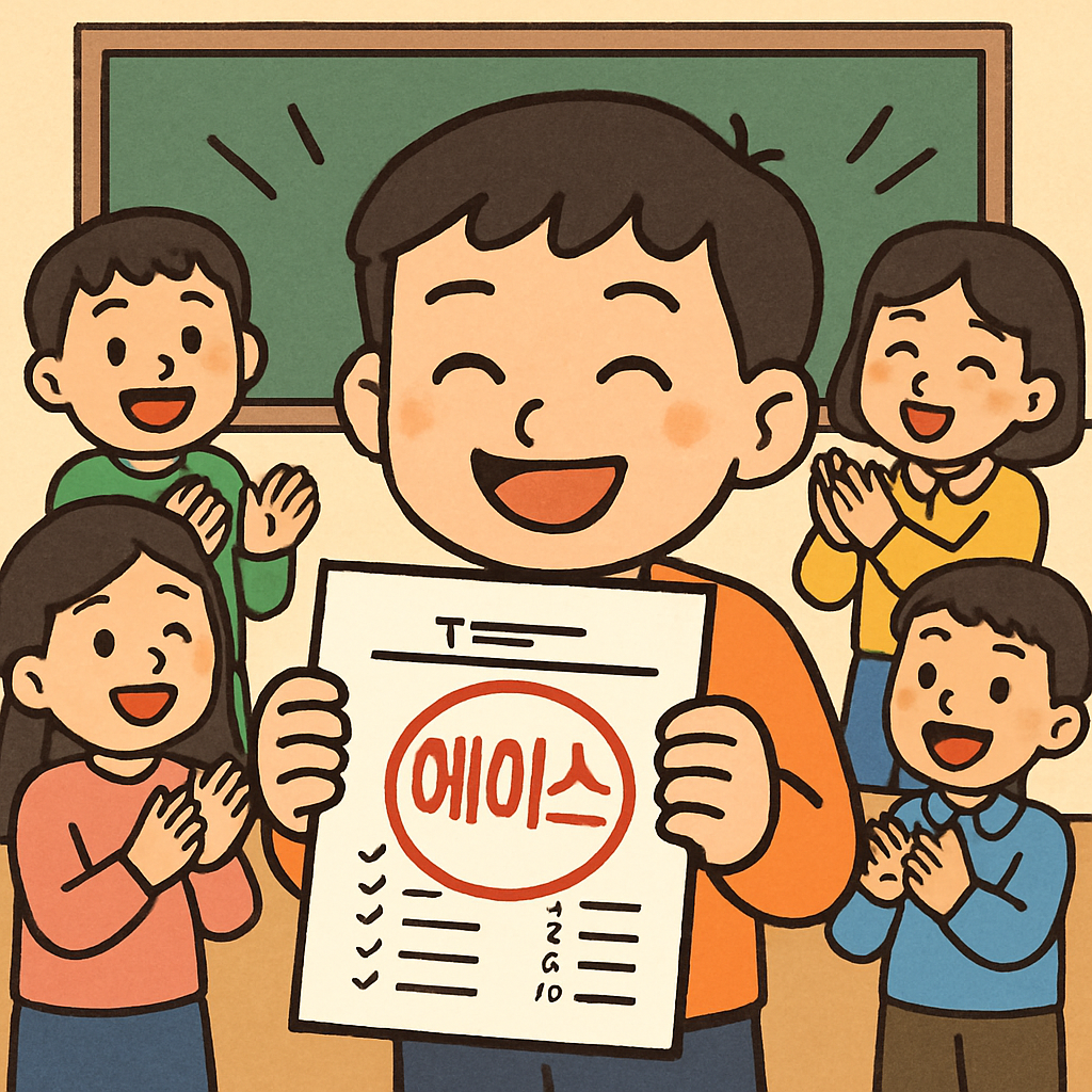 시험지나 경기 결과 발표에서 이름 옆에 '에이스' 도장이 찍히며 모두가 박수를 친다.