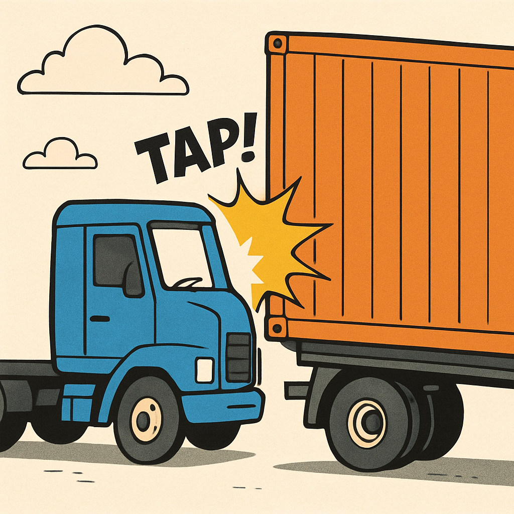 트럭이 컨테이너 박스를 '탁!' 하고 정확히 맞추는 장면.