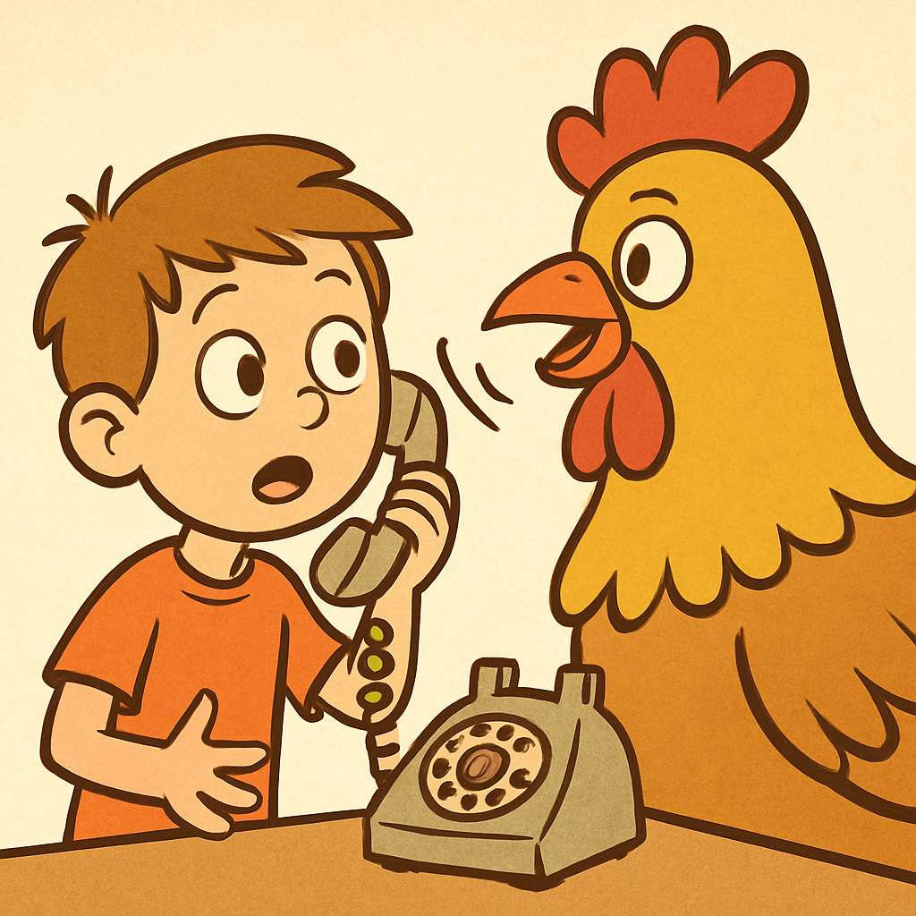 전화기를 들고 큰 닭에게 전화를 거는 엉뚱한 장면.