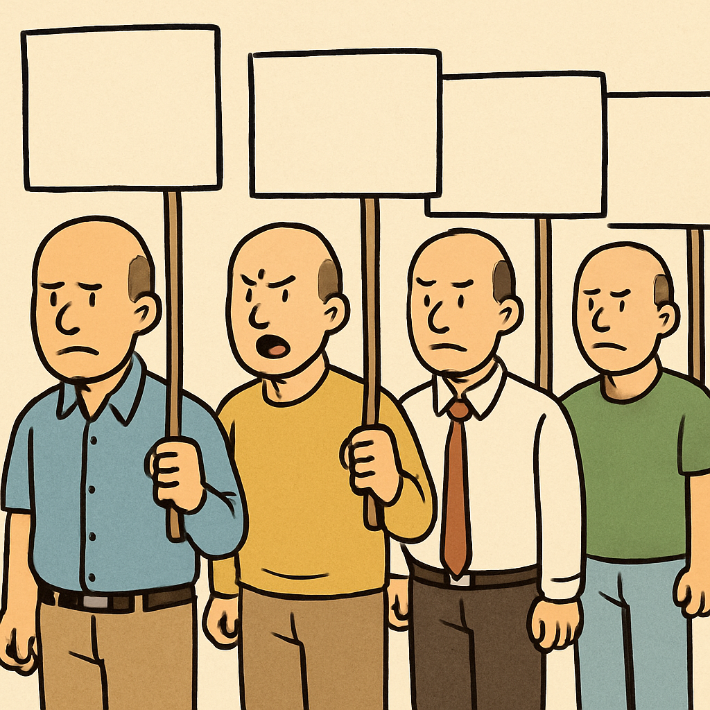 대머리 사람들이 일렬로 스트레이트하게 줄을 서서 데모(시위)를 하고 있다.