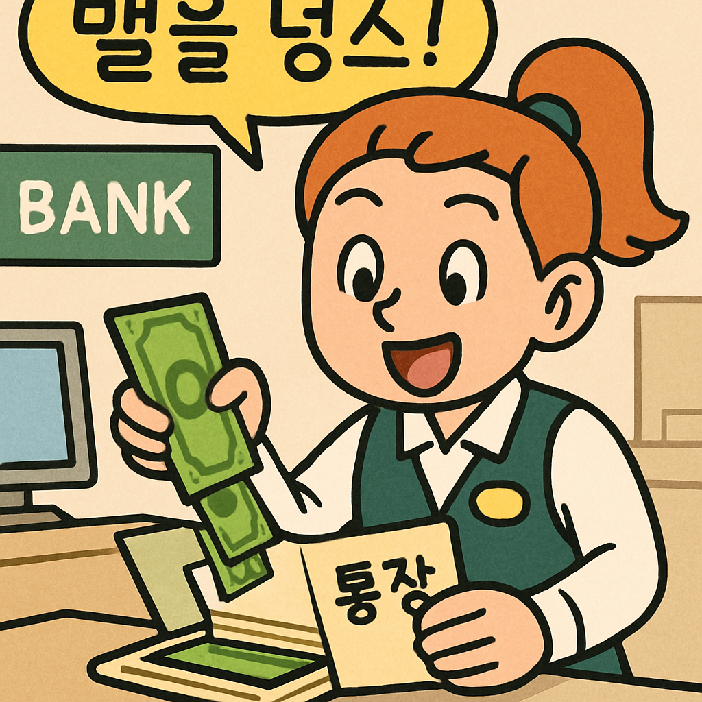 은행원이 통장에 돈을 넣으면서 '밸을 넣스!'라고 외친다.