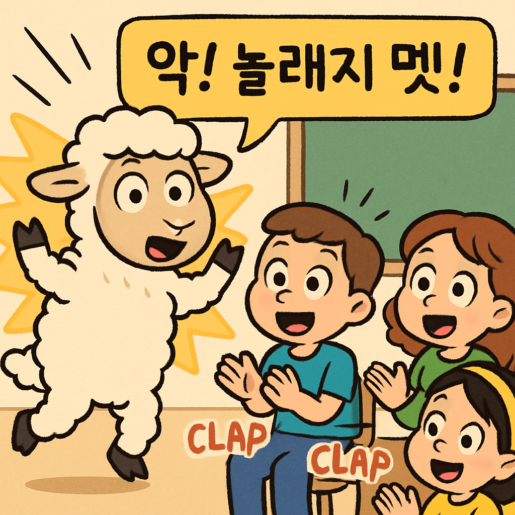 양(멧)이 갑자기 튀어나와서 '악! 놀래지 멧!' 하고 모두가 깜짝 놀라며 박수를 친다.