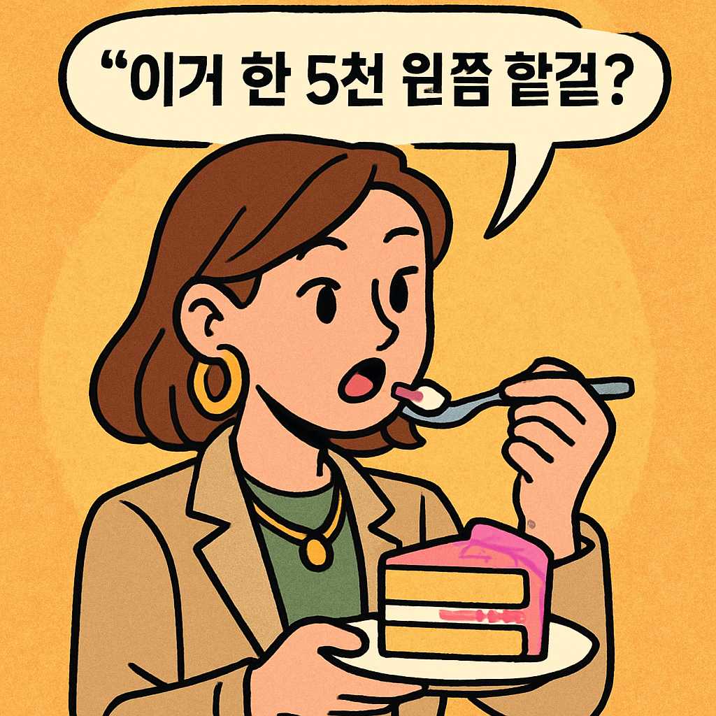 에스티(스타일리시한 친구)가 케이크를 한 입 먹더니, '이거 한 5천 원쯤 할걸?' 하고 가격을 맞혀본다.