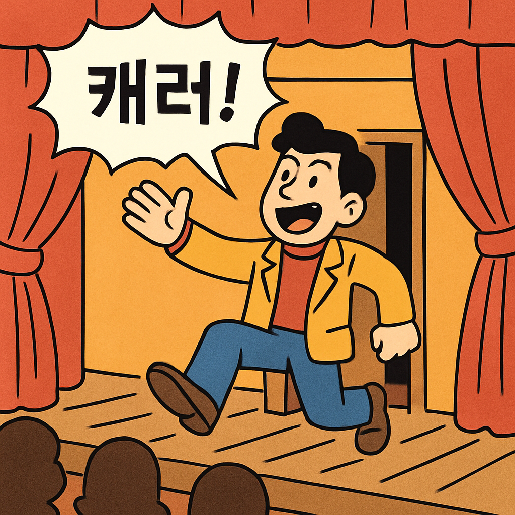연극 무대에서 배우가 '캐러!' 하고 외치며 극장에 턱 하니 들어선다.