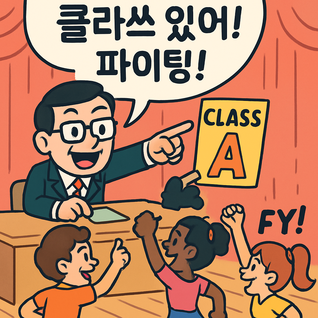 댄스 경연대회에서 심사위원이 참가자들에게 '클라쓰(class) 있어! 파이팅(fy)!'을 외치며 등급을 매긴다.