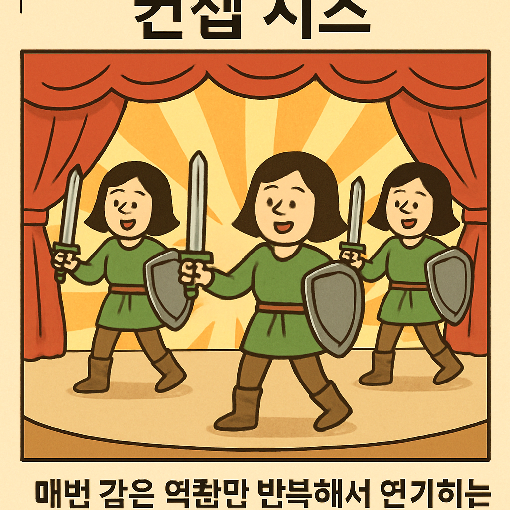 ‘컨셉 시스’라는 배우가 무대에서 매번 같은 역할만 반복해서 연기하는 장면.