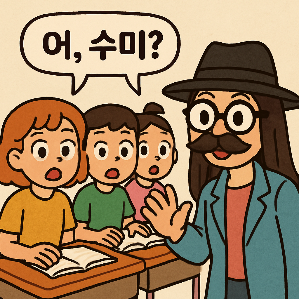친구 수미가 변장하고 나타나자, 모두가 ‘어, 수미?’ 하며 놀라는 장면.
