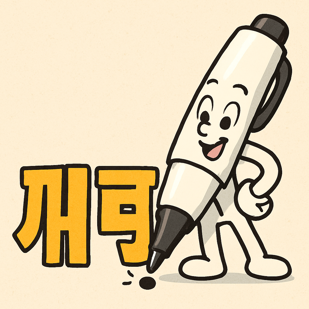 커다란 펜으로 '캐러'가 글자에 턱 하고 점을 찍는다.