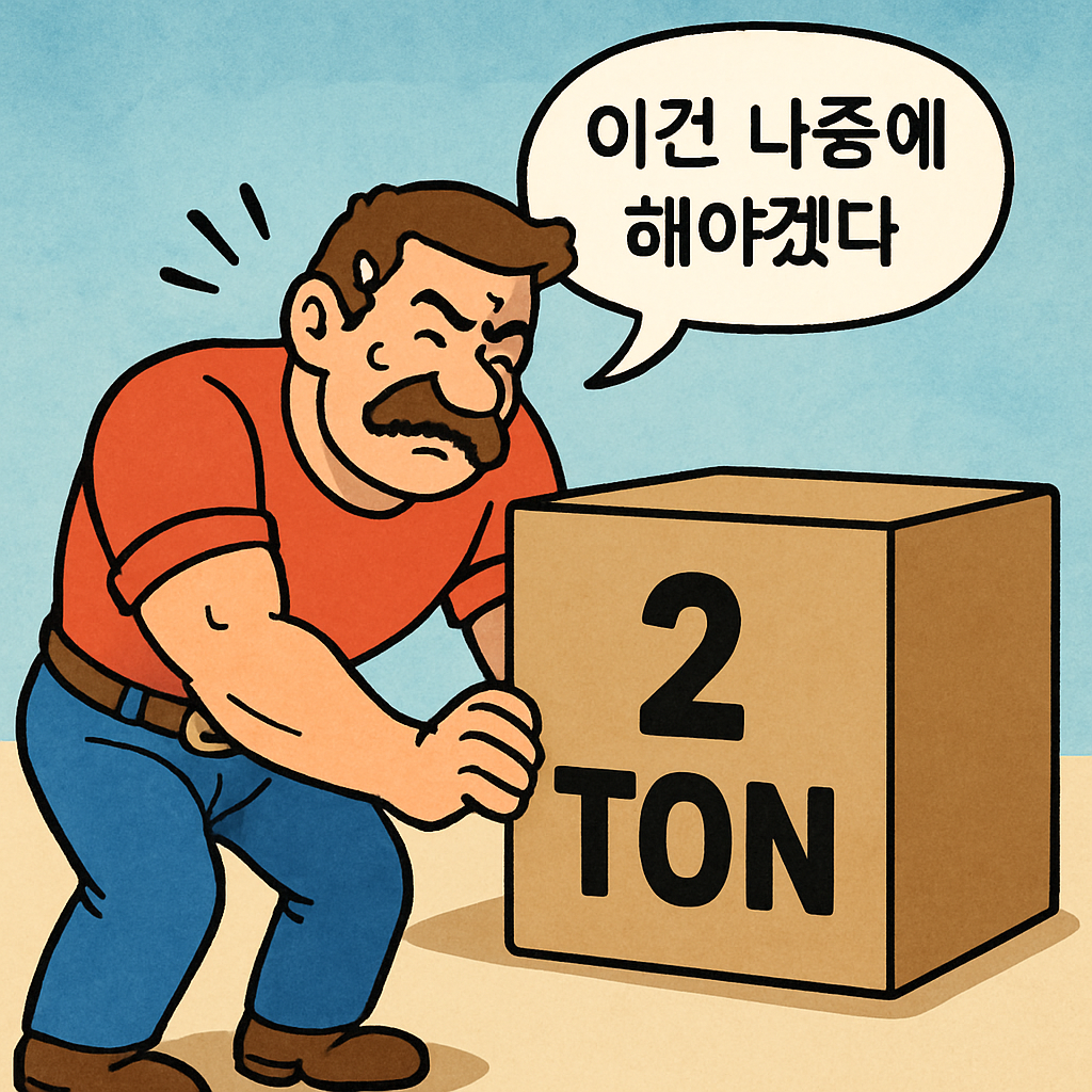 힘센 아저씨가 무거운 짐(톤수)을 옮기려다 '이건 나중에 해야겠다'며 포기한다.