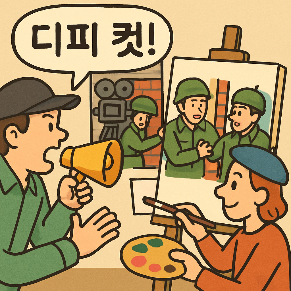 감독이 '디피 컷!'을 외치자, 화가가 영화 장면을 캔버스에 그려낸다.