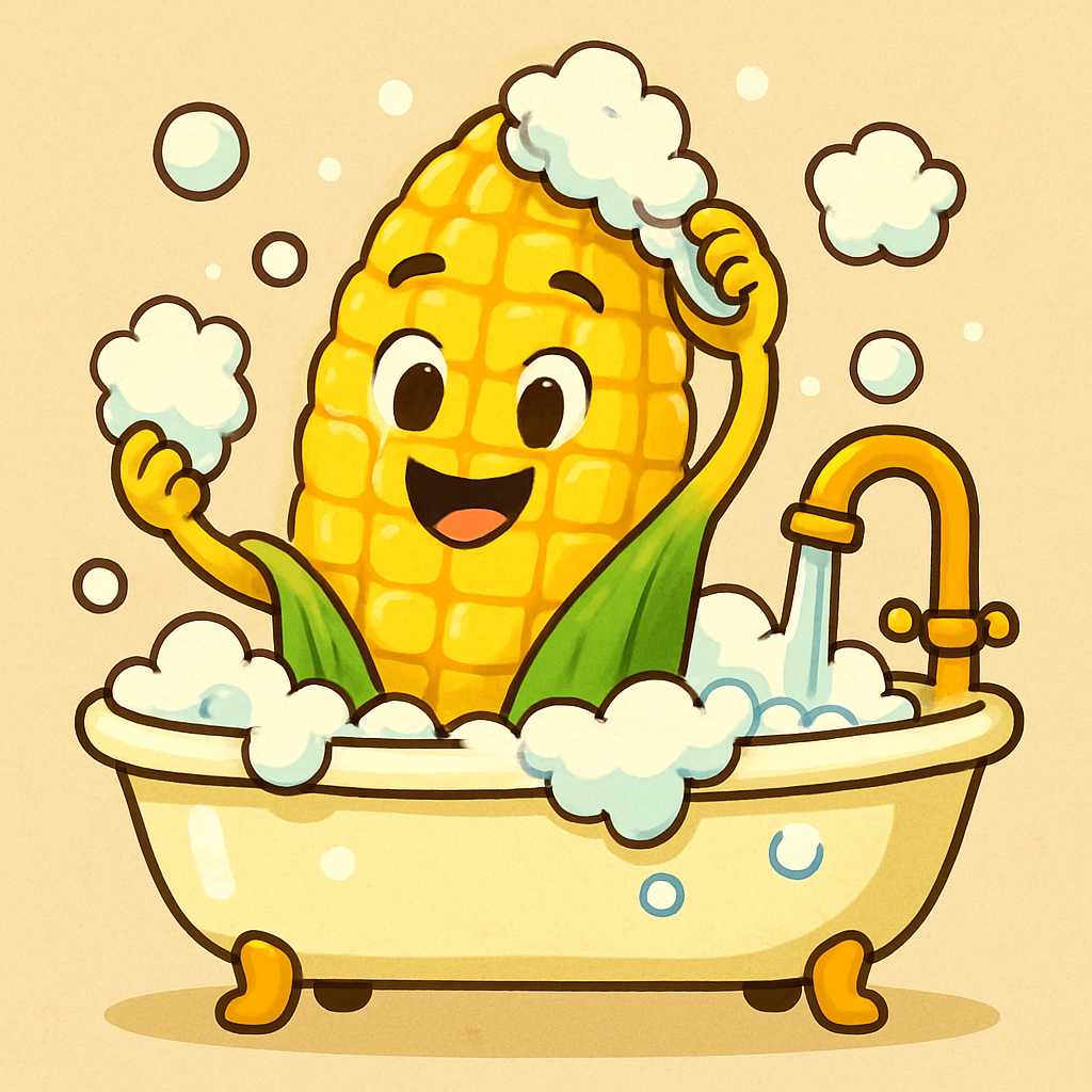옥수수(콘)가 욕조에서 거품 목욕을 하며 씻고 있다.