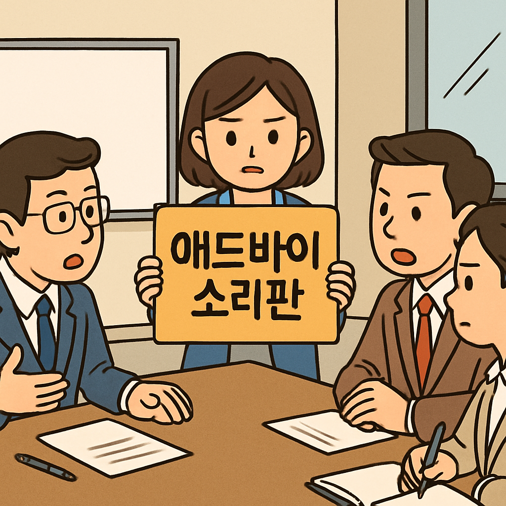 회의실에서 사람들이 '애드바이 소리판'이라는 팻말을 들고 진지하게 토론하고 있다.