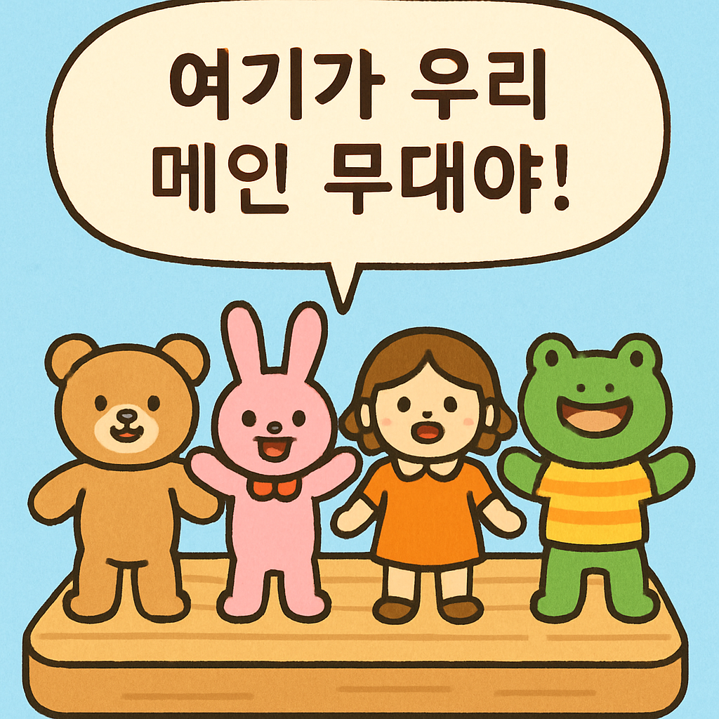 도마 위에 인형들이 줄지어 서서 "여기가 우리 메인 무대야!"라고 외친다.