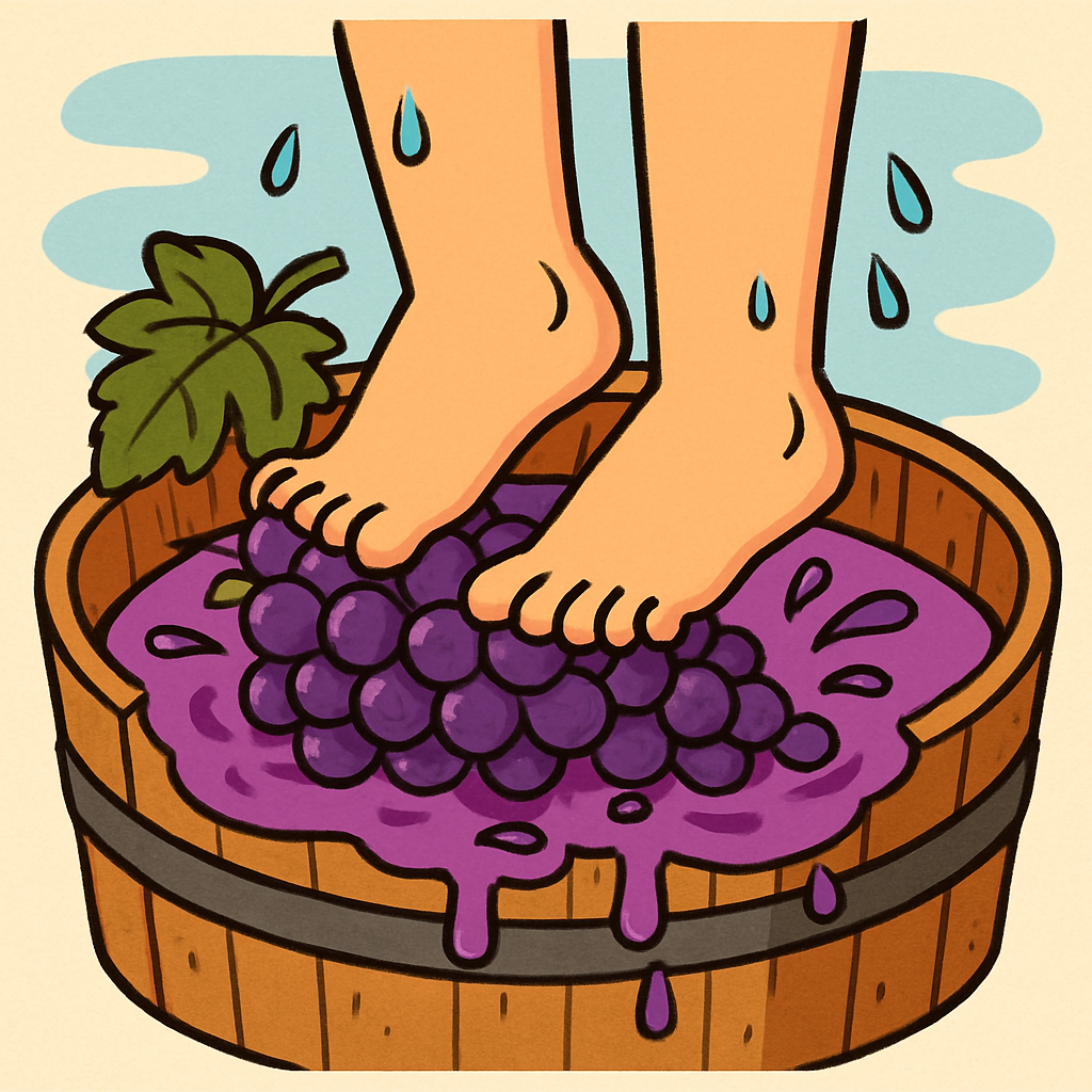 발이 물에 젖은 채로 포도송이를 밟으며 즙을 내는 장면.