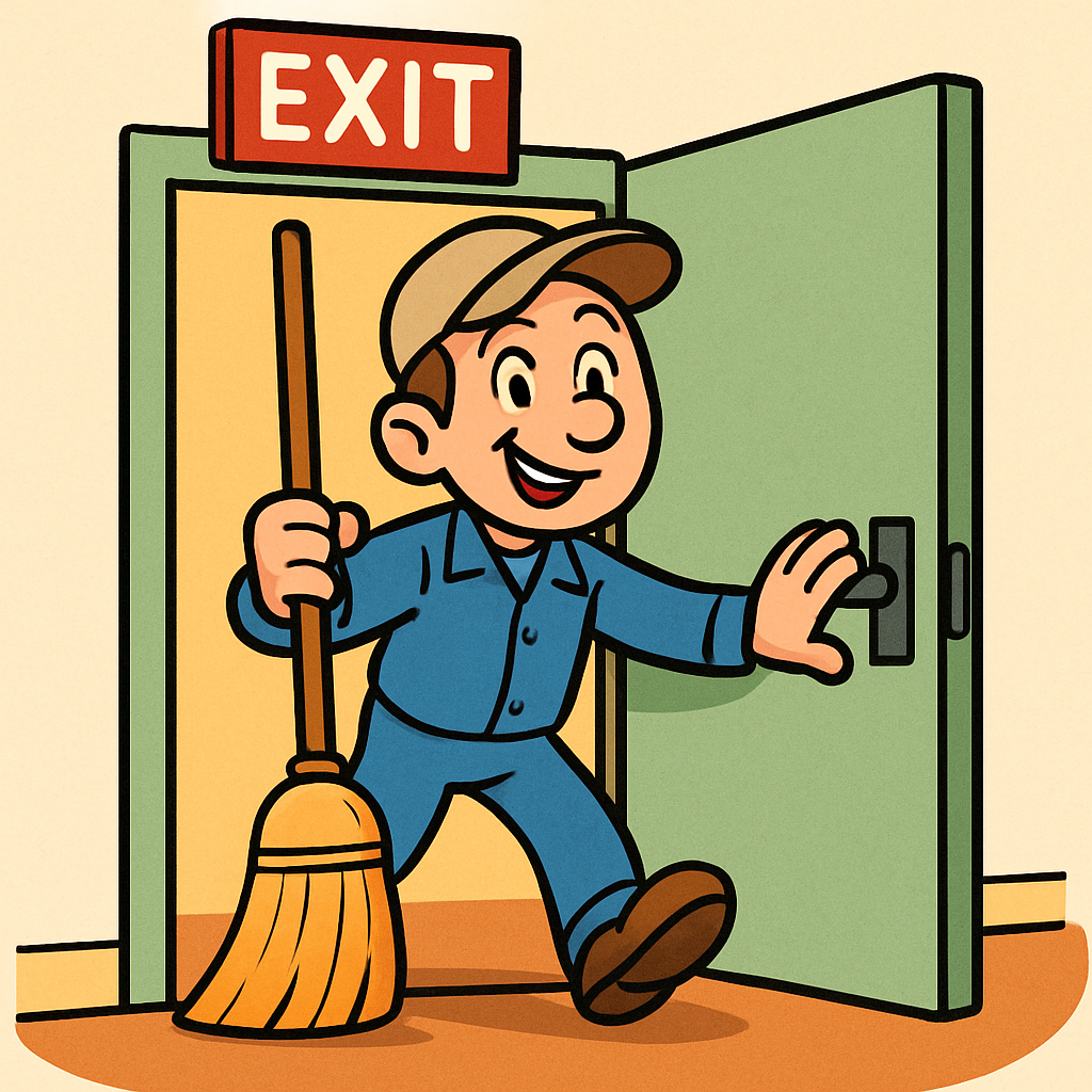 출구(Exit) 앞에서 빗자루(빗)를 들고 누군가가 문을 열며 등장한다.