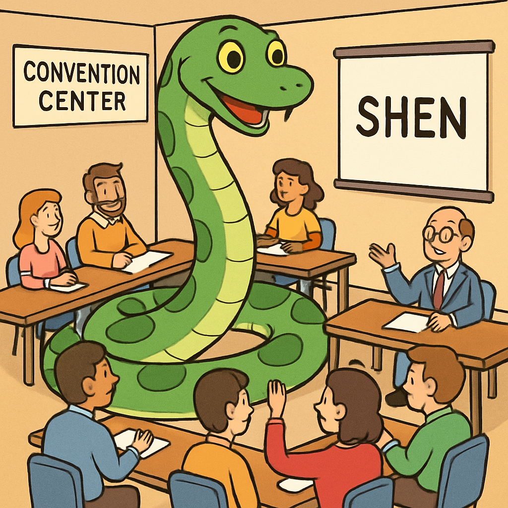 거대한 뱀 '션'이 컨벤션 센터에서 사람들과 함께 회의에 참석하고 있다.