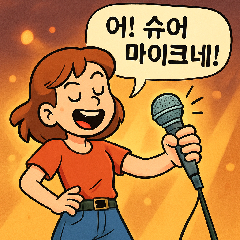가수가 무대에서 "어! 슈어 마이크네!" 하며 자신감 넘치게 노래를 부른다.