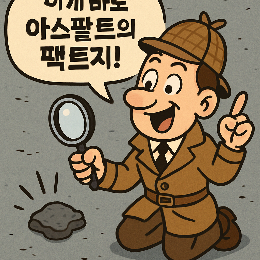 탐정이 아스팔트 위에서 단서를 찾으며 '이게 바로 아스팔트의 팩트지!'라고 외친다.