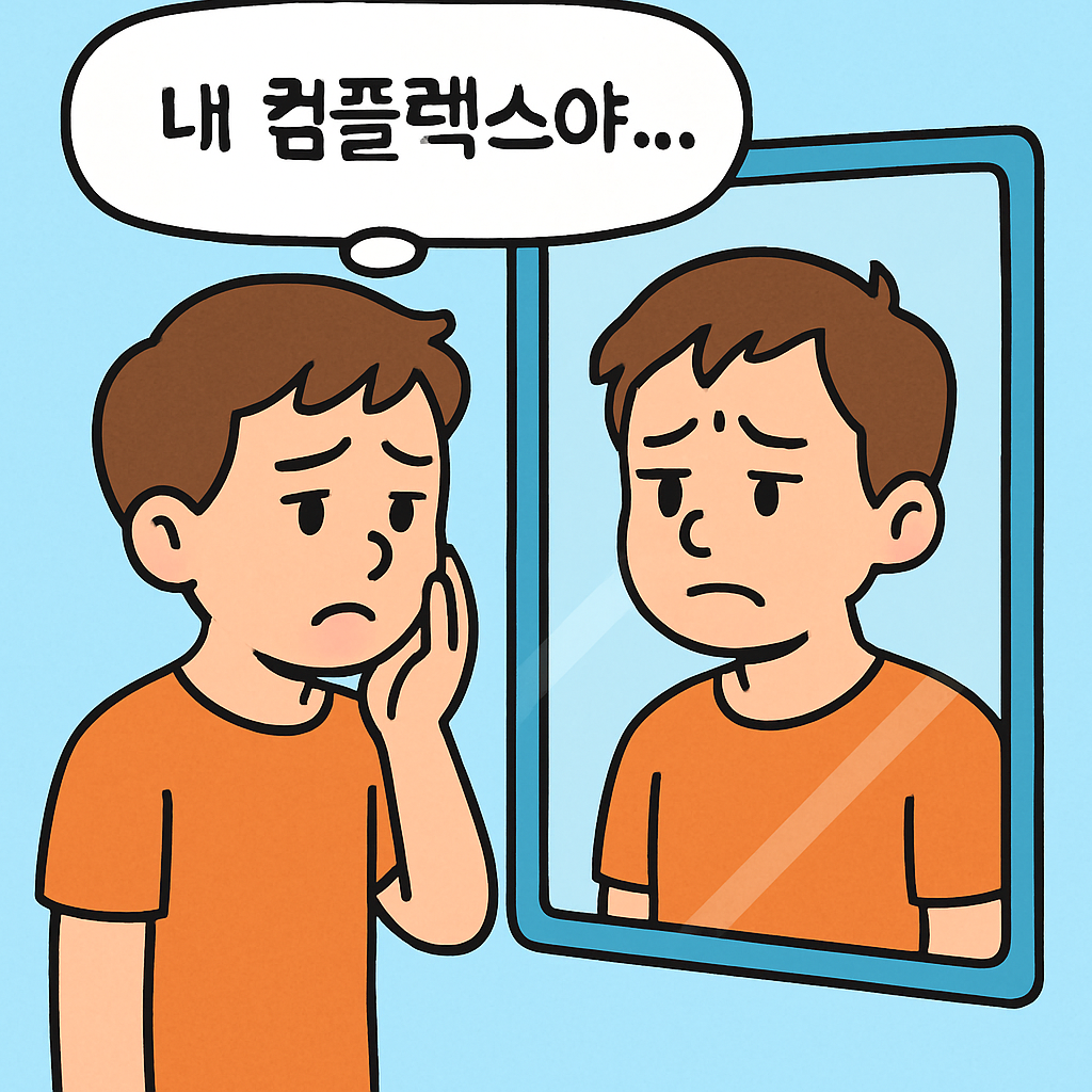 거울 앞에서 한 사람이 자신의 외모를 걱정하며 '내 컴플렉스야...'라고 중얼거린다.