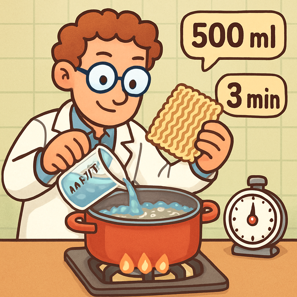 과학자가 라면을 끓이면서, 물의 양과 시간까지 정확하게 재서 완벽한 라면을 만든다.
