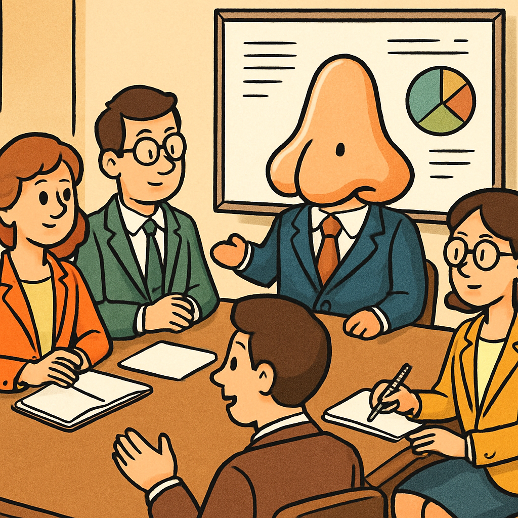 사람들이 코에 작은 정장(슈트)을 입히고 회의실에 모여 있다.