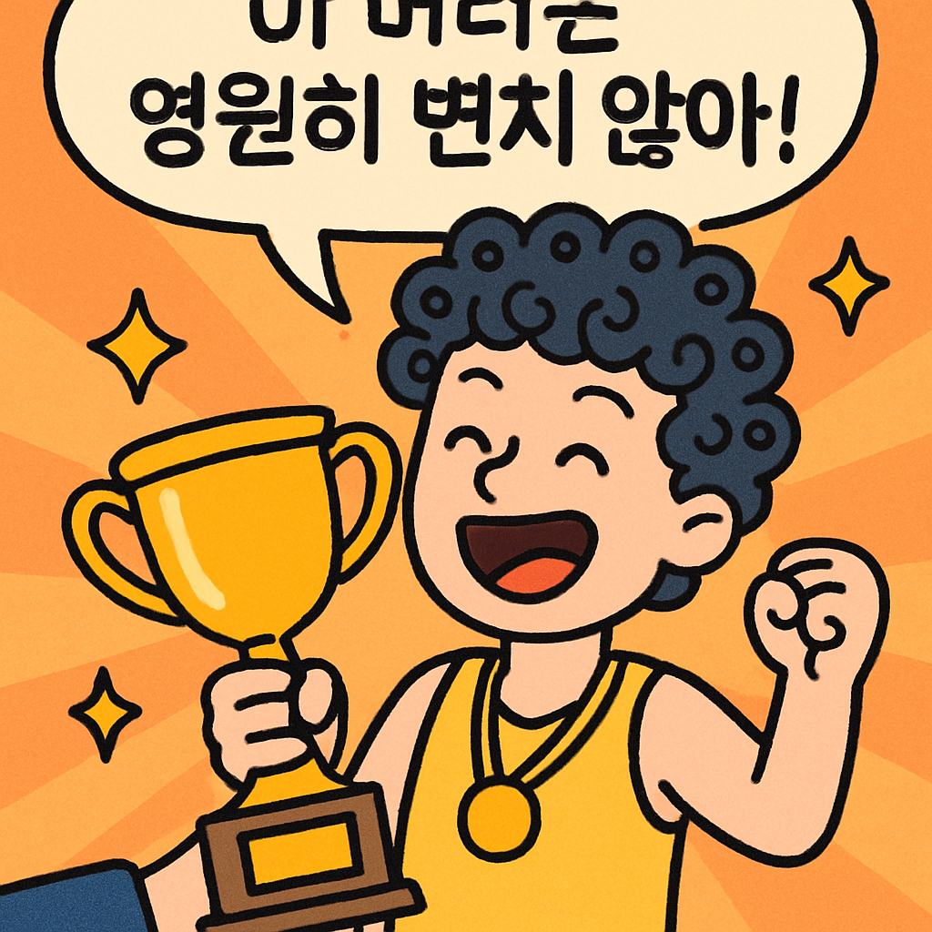 우승자가 머리에 퍼머를 하고 트로피를 받으며 '이 머리는 영원히 변치 않아!'라고 외친다.