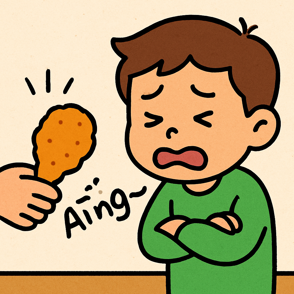 치킨을 뺏긴 사람이 '앵~' 하며 속상해하는 표정으로 치킨을 바라본다.