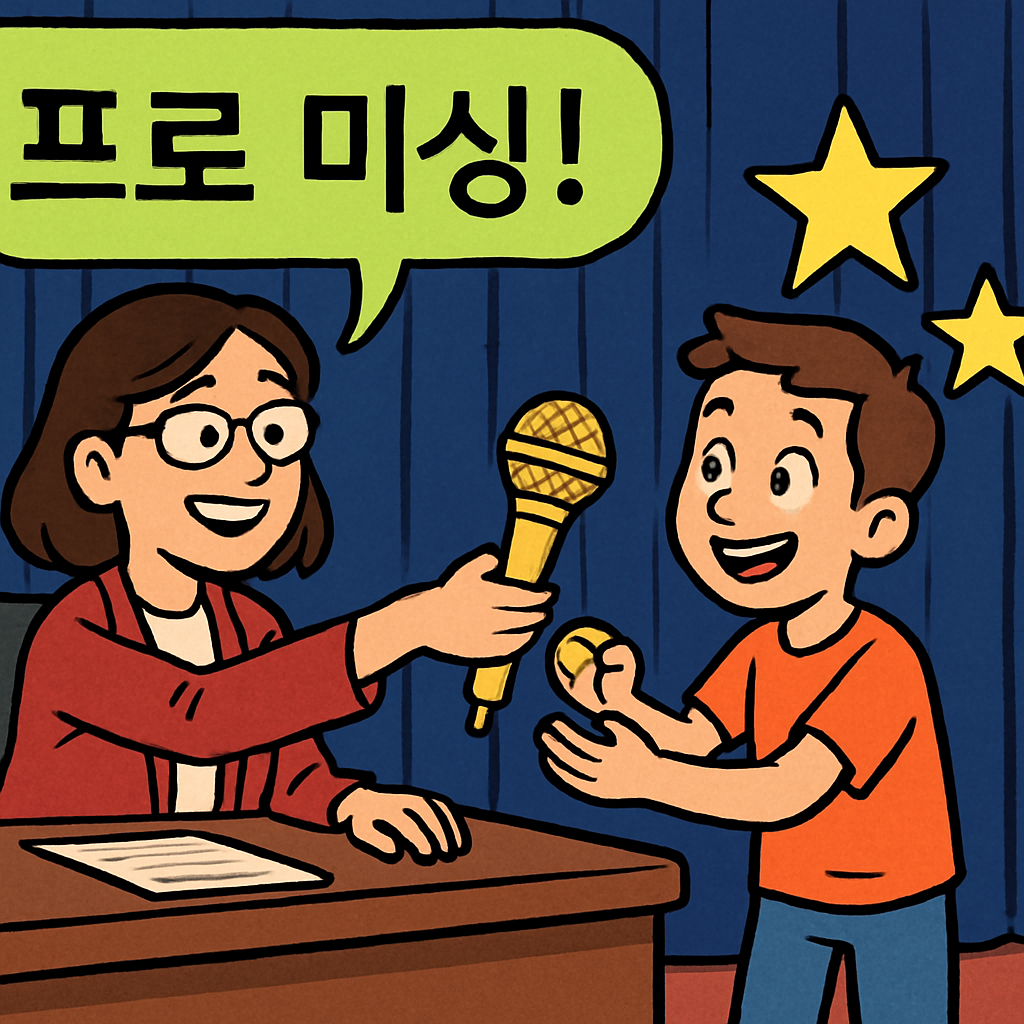 오디션 무대에서 심사위원이 "프로 미싱!"이라며 참가자에게 금마이크를 건네준다.
