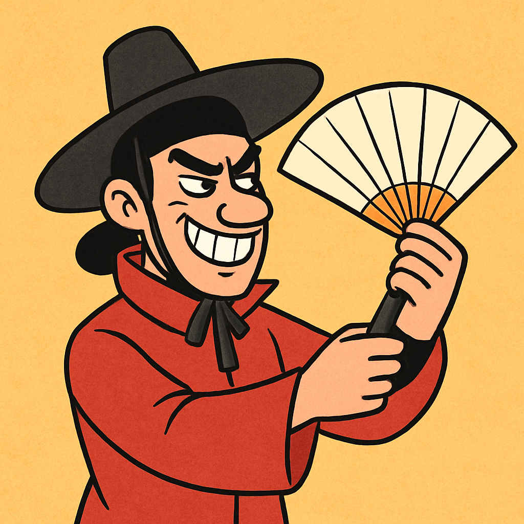악당이 최신 스마트폰 대신 조선시대 부채로 셀카를 찍고 있다.