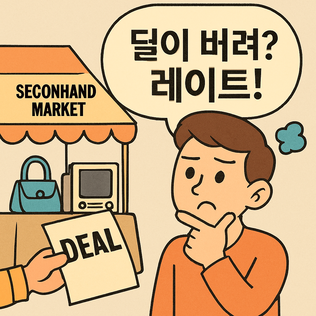 중고 거래장에서 '딜'을 할지 말지 고민하며, '딜이 버려? 레이트!'라고 중얼거린다.