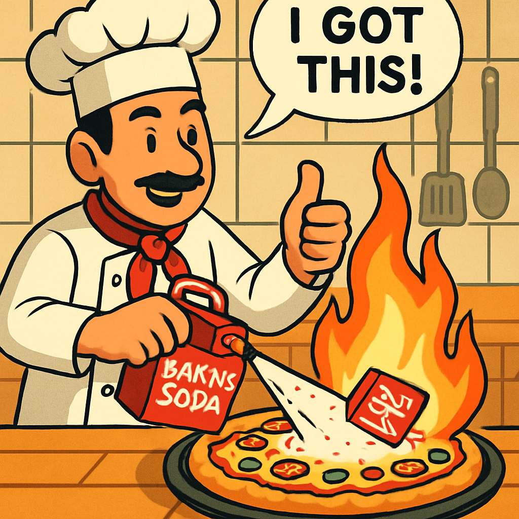 피자집에서 피자에 불이 붙었는데, 주방장이 '이거 가능해!'라며 침착하게 불을 끈다.