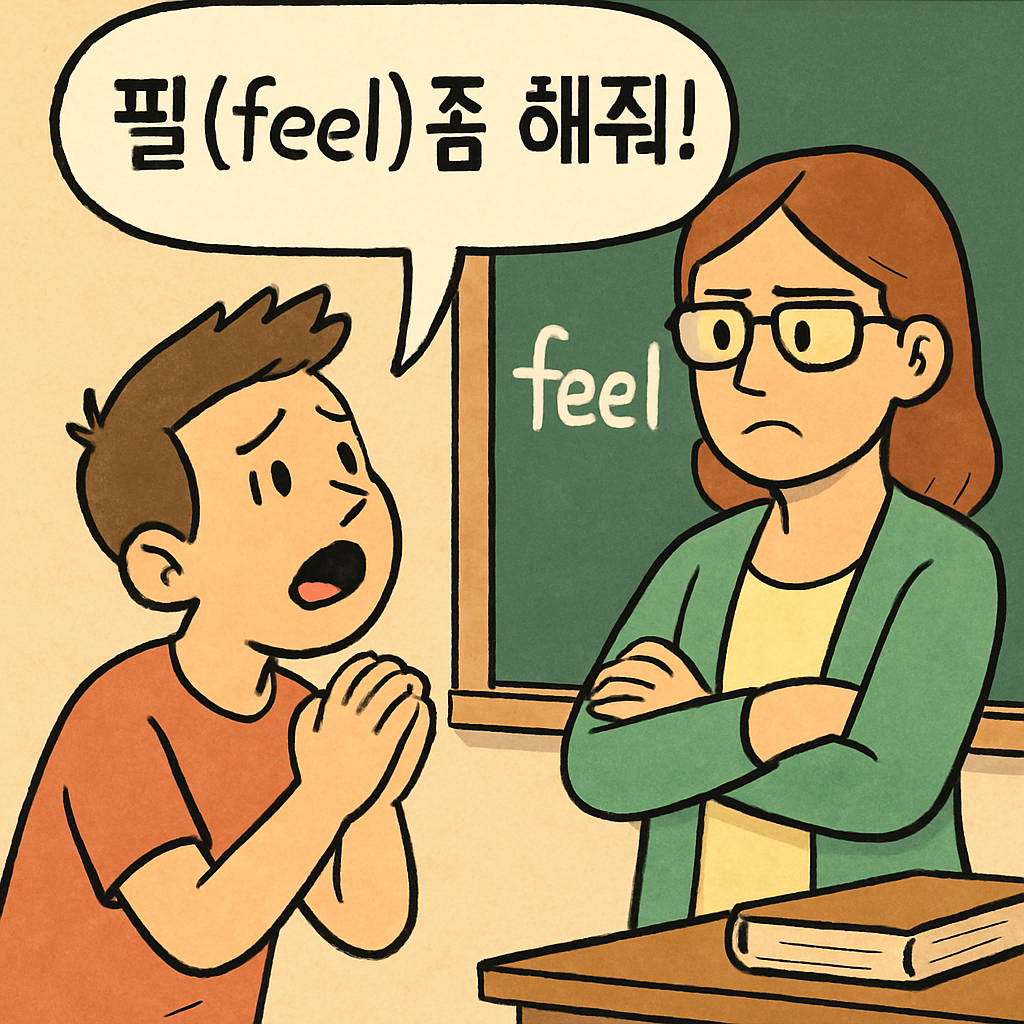 친구가 선생님 앞에서 '어? 필(feel) 좀 해줘!' 하며 간절하게 부탁하는 장면.