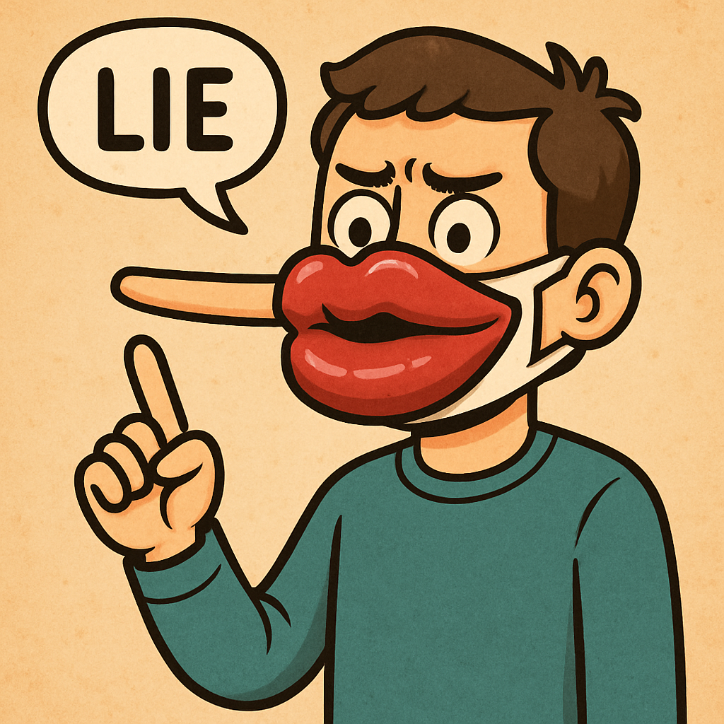 친구가 플라스틱 입 모양의 가면을 쓰고 진지하게 거짓말을 하고 있다.